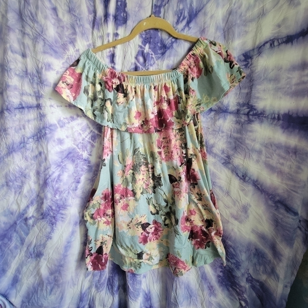Mts Women's Scrunch Off The Shoulder Floral Blue Mini Dress Size Large